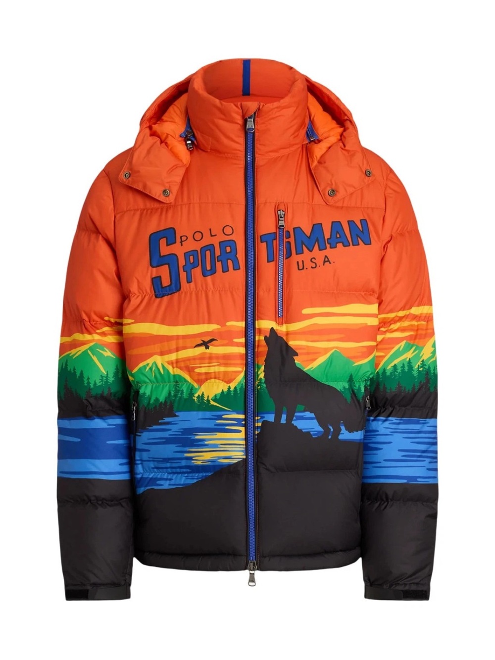 Ralph Lauren Polo Sportman Orange Scenic Puffer Jacket with Blue Accents